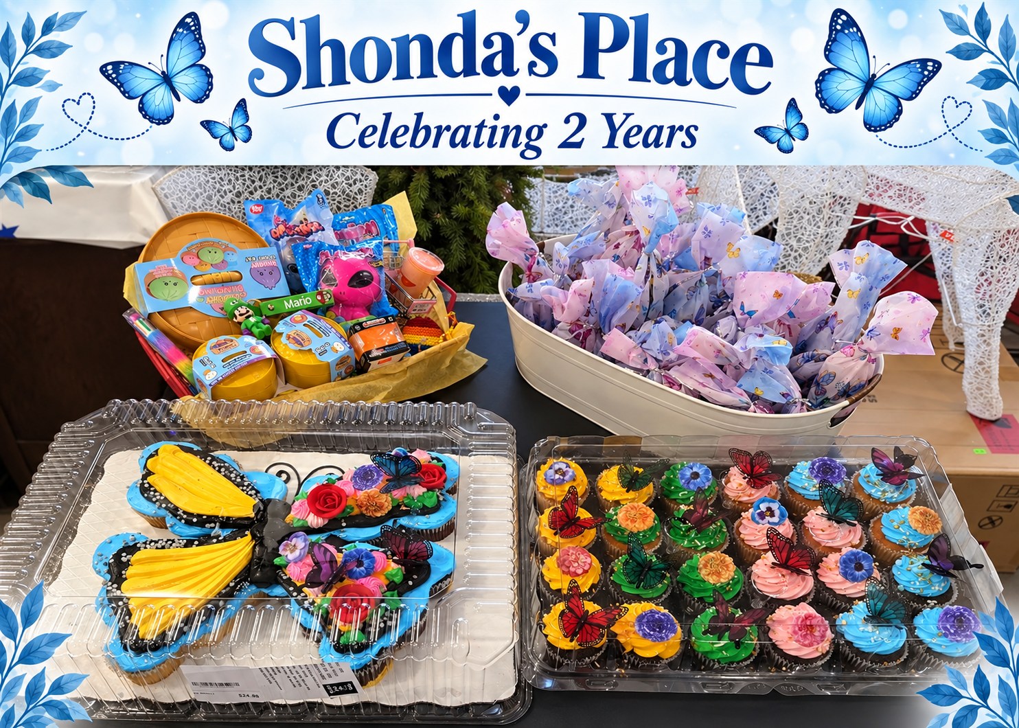 Shonda's Place: Celebrating 2 Years, with blue butterflies above a photo of butterfly cupcakes, a cupcake cake, giveaway bags and prizes.